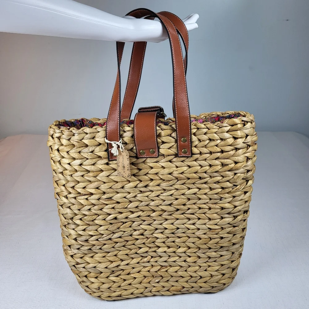 Natural Life Straw Backpack Tote BAG Floral Lined Water Hyacinth Woven Boho NWT